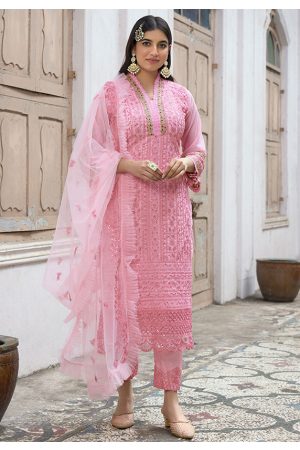 Rose Pink Embroidered Faux Georgette Pant Kameez