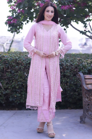 Rose Pink Embroidered Faux Georgette Trouser Kameez