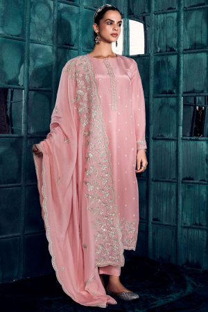 Rose Pink Embroidered Modal Silk Plus Size Suit