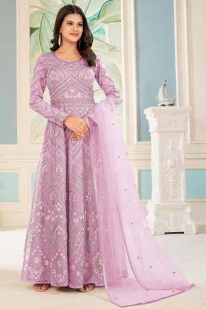 Rose Pink Embroidered Net Anarkali Dress