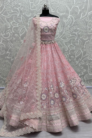 Rose Pink Embroidered Net Bridal Lehenga Choli
