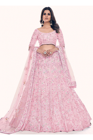Rose Pink Embroidered Net Bridal Lehenga Choli