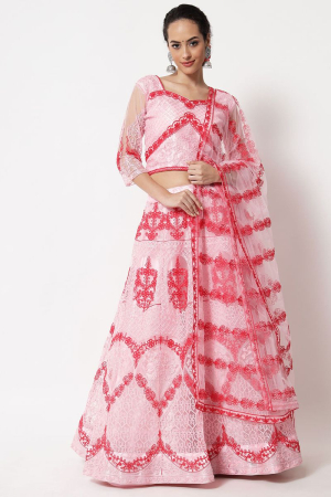 Rose Pink Embroidered Net Lehenga Choli