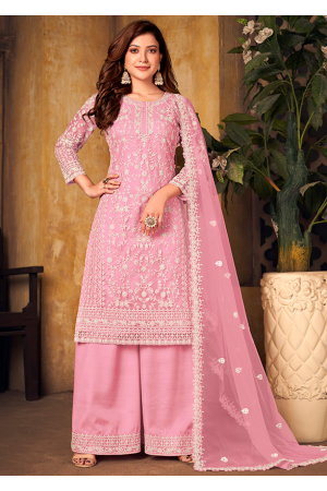 Rose Pink Embroidered Net Palazzo Kameez