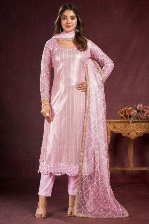 Rose Pink Embroidered Net Plus Size Suit
