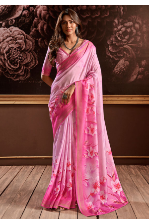 Rose Pink Floral Print Pure Handloom Silk Saree
