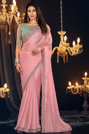 Rose Pink Georgette Zari Shimmer Saree with Embroidered Blouse