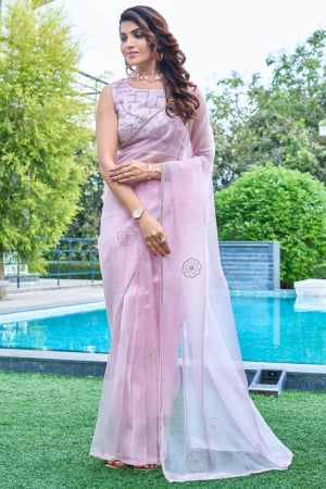 Rose Pink Hand Embellished Organza Saree