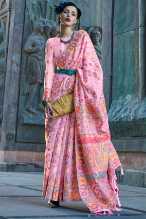 Rose Pink Kashmiri Handloom Weaving Organza Saree
