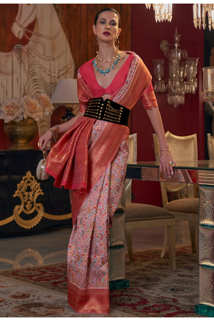 Rose Pink Kashmiri Handloom Weaving Silk Saree