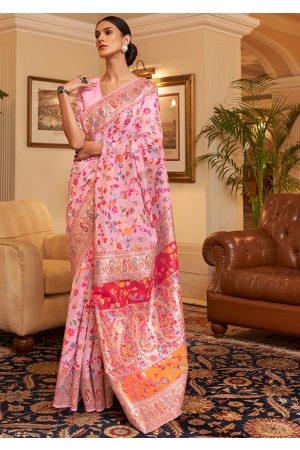 Rose Pink Kashmiri Weaving Handloom Silk Saree