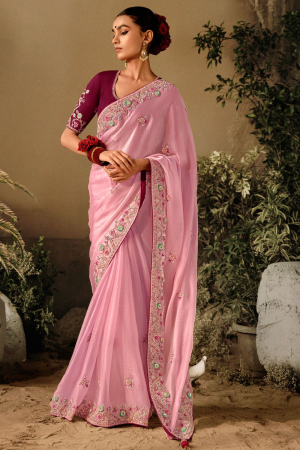 Rose Pink Khatli Work Designer Saree for Ceremonial