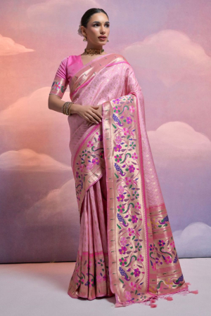 Rose Pink Meenakari Woven Paithani Silk Saree