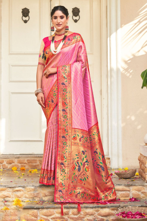 Rose Pink Paithani Silk Zari Woven Saree