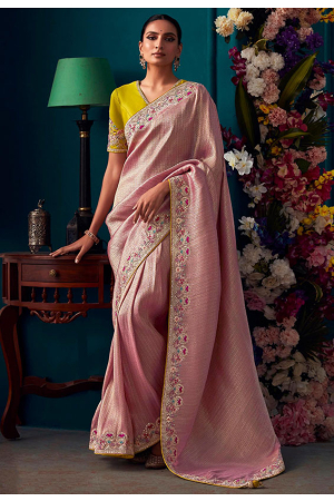 Rose Pink Pure Banarasi Kanjivaram Silk Embroidered Saree