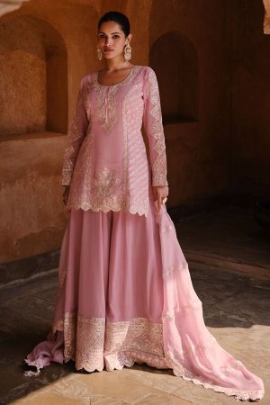Rose Pink Real Georgette Designer Palazzo Kameez Suit