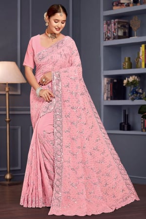 Rose Pink Resham Embroidered Georgette Saree