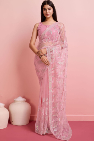 Rose Pink Sequins Embroidered Net Saree