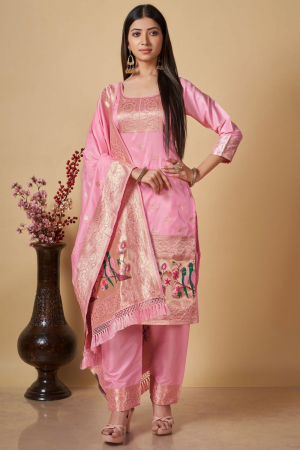 Rose Pink Woven Banarasi Silk Trouser Kameez