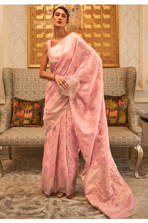 Rose Pink Woven Handloom Silk Saree