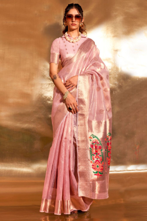 Rose Pink Zari Tissue Paithani Pallu Saree