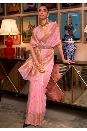 Rose Pink Zari Weaving Handloom Silk Saree