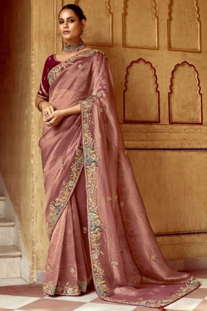 Rose Taupe Embroidered Designer Saree for Wedding