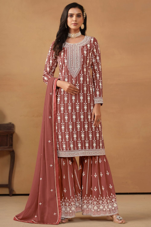 Rose Taupe Embroidered Faux Georgette Sarara Kameez