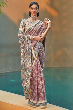 Rose Taupe Printed Cotton Party Wear Saree