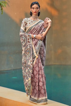 Rose Taupe Printed Cotton Saree for Festival