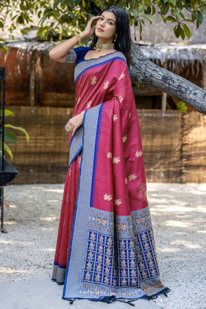 Rouge Pink Meenakari Weaving Tussar Silk Saree