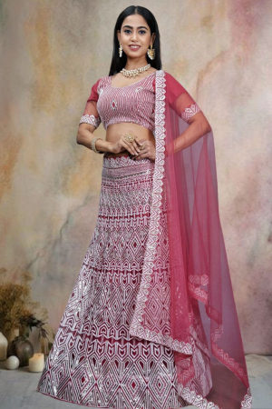 Rouge Pink Net Sequins Embroidered Lehenga Choli Set