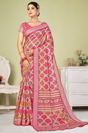 Rouge Pink Tussar Silk Digital Printed Saree