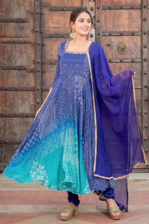Royal Blue and Aqua Blue Bandhani Print Anarkali Dress