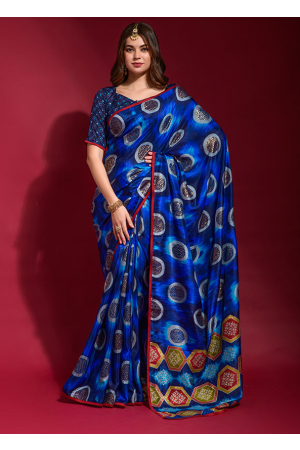 Royal Blue Art Silk Foil Printed Saree