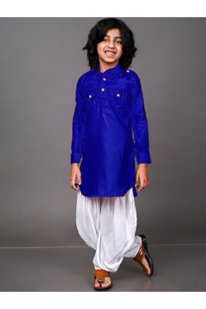 Royal Blue Dupion Silk Kids Pathani Kurta Set
