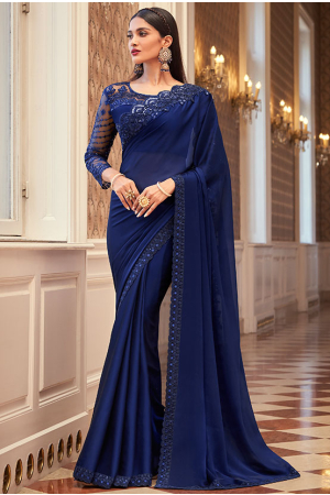 Royal Blue Embroidered Georgette Saree