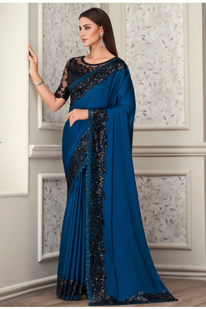 Royal Blue Embroidered Silk Designer Saree