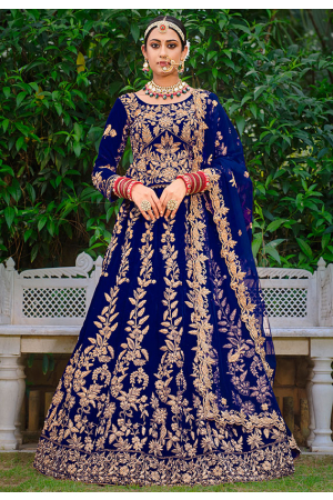 Royal Blue Embroidered Velvet Bridal Lehenga Choli