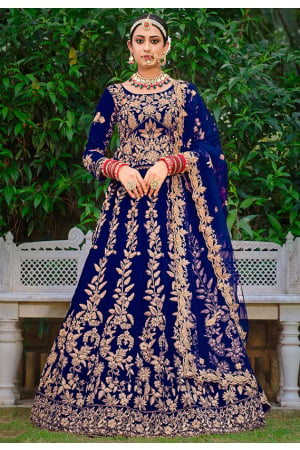 Royal Blue Embroidered Velvet Bridal Lehenga Choli