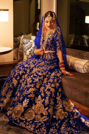 Royal Blue Embroidered Velvet Bridal Lehenga Choli