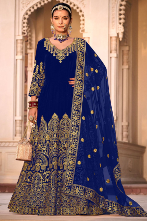Royal Blue Heavy Embroidered Velvet Anarkali Suit