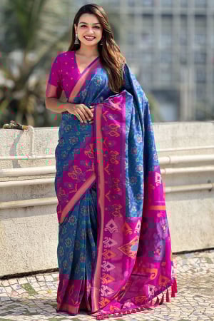 Royal Blue Ikkat Design Patola Silk Saree