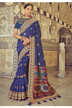 Royal Blue Patan Patola Pure Silk Saree with Double Blouse