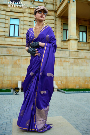 Royal Blue Pure Handloom Weaving Satin Silk Saree