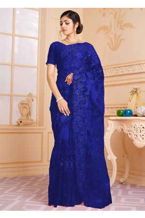 Royal Blue Resham Embroidered Net Saree