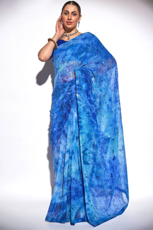 Royal Blue Sequined Georgette Saree