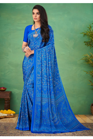 Royal Blue Silk Crepe Printed Saree