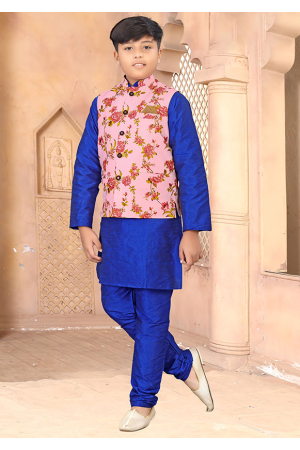 Royal Blue Silk Kurta Pyjama Set with Jute Printed Jacket