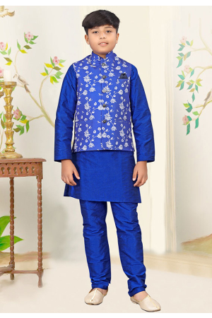 Royal Blue Silk Kurta Set with Jute Jacket